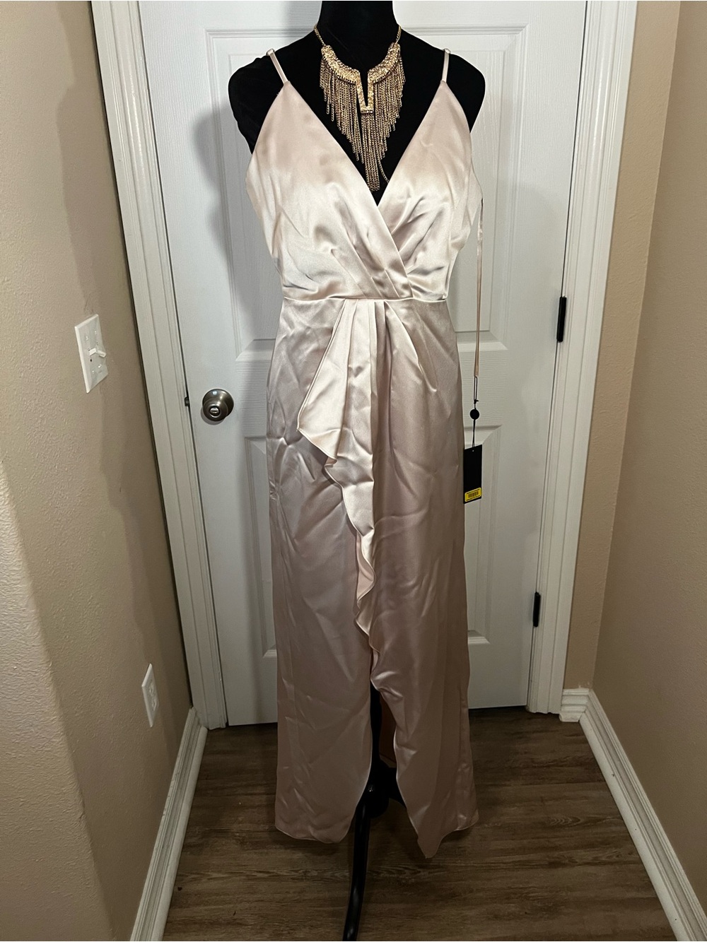 Gianni Bini Cream Satin V-Neck Spaghetti Strap Maxi Dress
